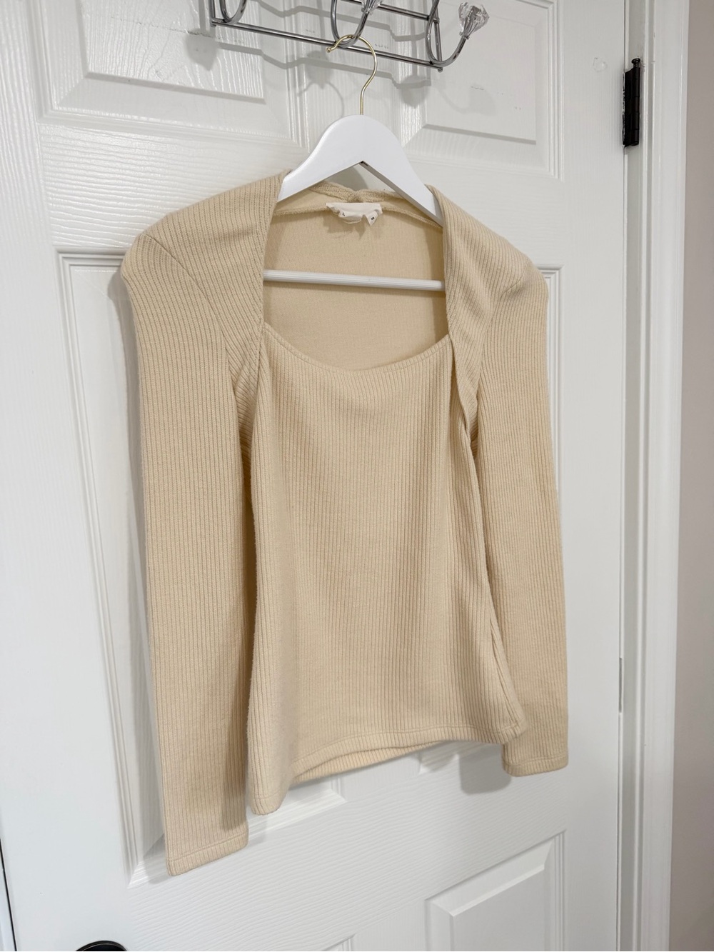 Anthropologie Cream Ribbed Long Sleeve Square Neck Top - Picture 5 of 7